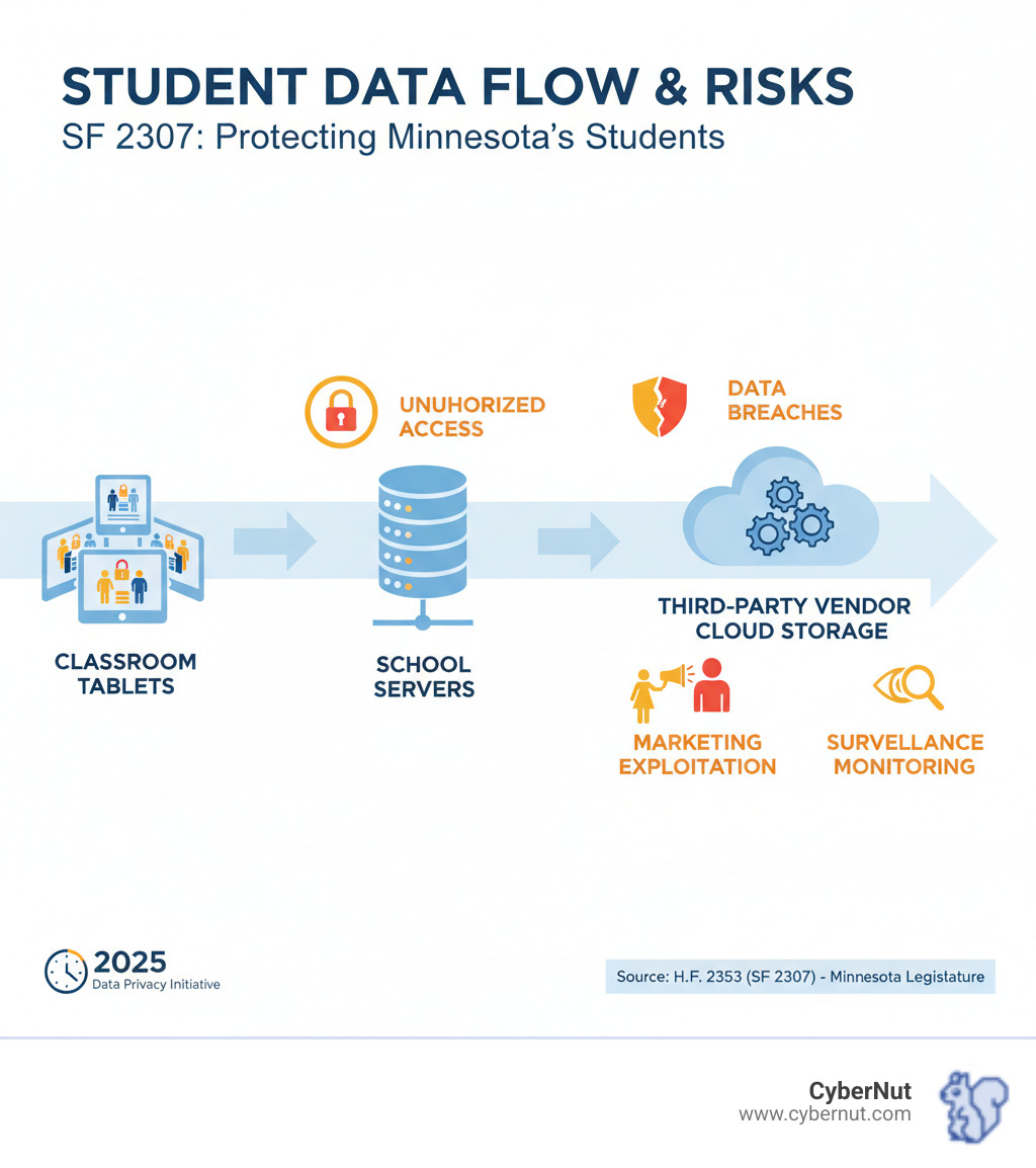 Infographic showing the flow of student data from classroom tablets through school servers to third-party vendor cloud storage, with warning icons highlighting potential risks like unauthorized access, data breaches, marketing exploitation, and surveillance monitoring at each stage of the journey - SF 2307: Student Data Privacy and Third-Party Contracts infographic 