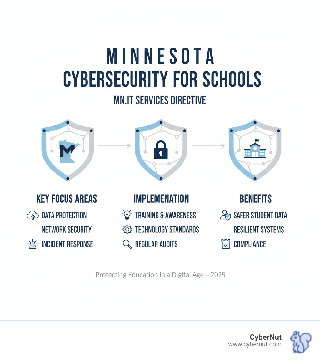 Minnesota school cybersecurity framework infographic showing three pillars: Incident Response (mandatory reporting, response plans, team roles), Proactive Defense (vulnerability management, security training, vendor oversight), and State Collaboration (MN.IT Services support, funding programs, information sharing through Minnesota Fusion Center) - Minnesota’s Cybersecurity Directive for Schools (MN.IT Services Guidelines) infographic  Minnesota school cybersecurity framework infographic showing three pillars: Incident Response (mandatory reporting, response plans, team roles), Proactive Defense (vulnerability management, security training, vendor oversight), and State Collaboration (MN.IT Services support, funding programs, information sharing through Minnesota Fusion Center) - Minnesota’s Cybersecurity Directive for Schools (MN.IT Services Guidelines) infographic