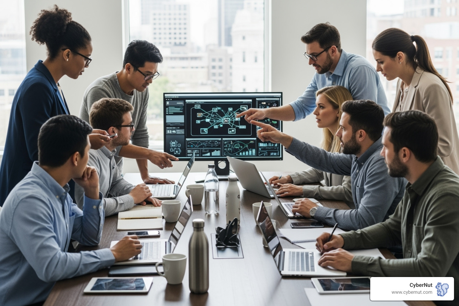 Incident response team collaborating around a table, with diverse roles represented. - Minnesota's Cybersecurity Directive for Schools (MN.IT Services Guidelines) Incident response team collaborating around a table, with diverse roles represented. - Minnesota's Cybersecurity Directive for Schools (MN.IT Services Guidelines)