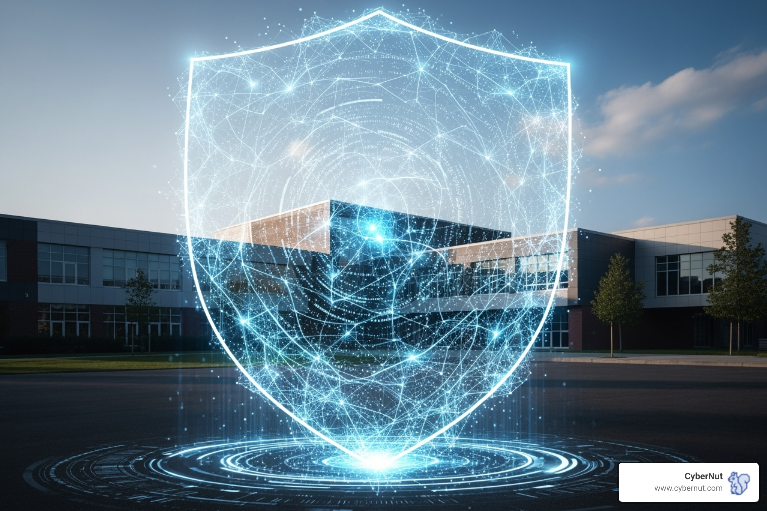 Digital shield protecting a school network, symbolizing proactive cybersecurity measures. - Minnesota's Cybersecurity Directive for Schools (MN.IT Services Guidelines) Digital shield protecting a school network, symbolizing proactive cybersecurity measures. - Minnesota's Cybersecurity Directive for Schools (MN.IT Services Guidelines)