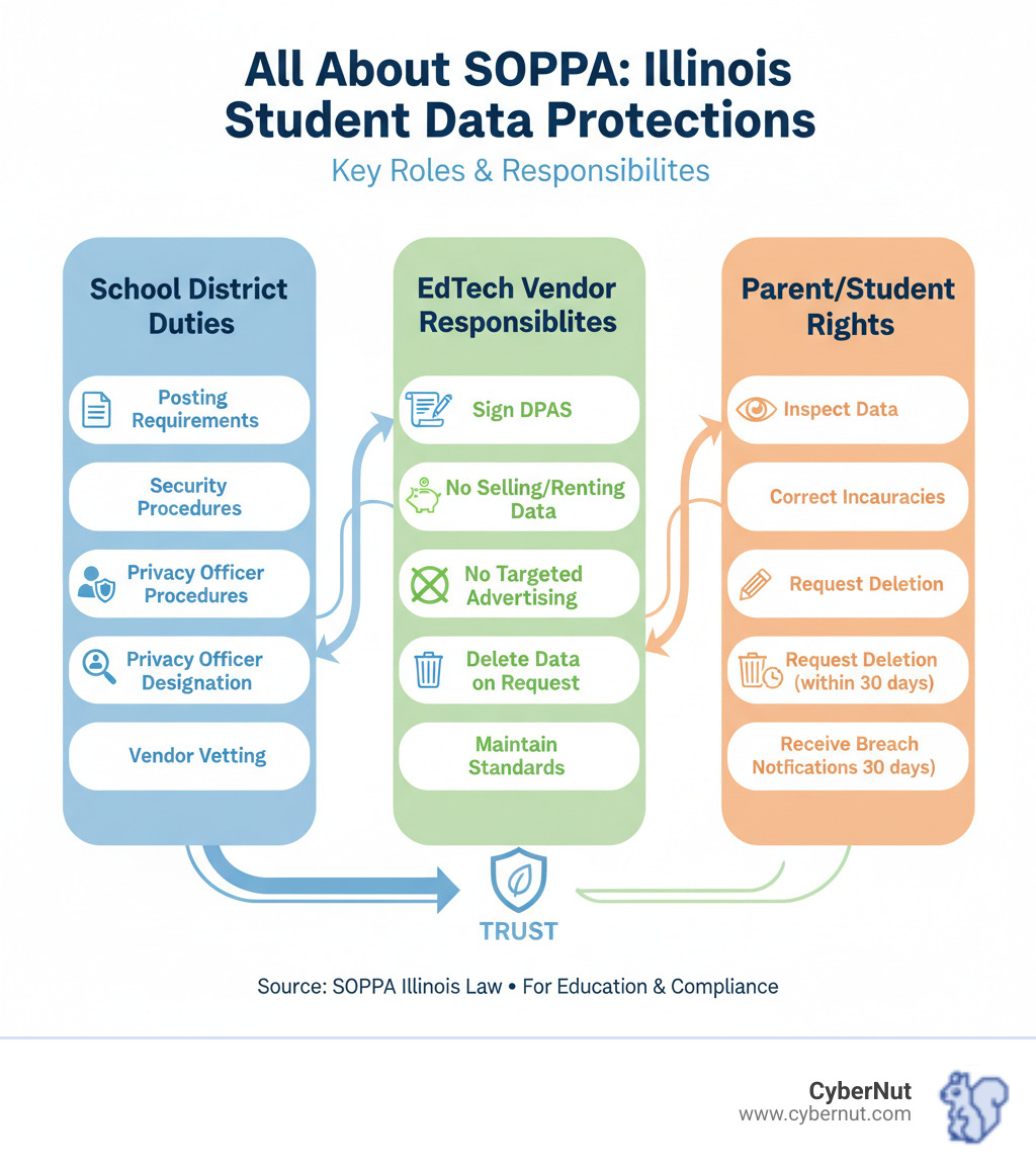 Infographic showing three interconnected pillars: 1) School District Duties (posting requirements, security procedures, privacy officer designation, vendor vetting), 2) EdTech Vendor Responsibilities (sign DPAs, no selling/renting data, no targeted advertising, delete data on request, maintain security standards), and 3) Parent/Student Rights (inspect data, correct inaccuracies, request deletion, receive breach notifications within 30 days) - All About SOPPA: What Illinois Schools Must Know About Student Data Protections infographic Infographic showing three interconnected pillars: 1) School District Duties (posting requirements, security procedures, privacy officer designation, vendor vetting), 2) EdTech Vendor Responsibilities (sign DPAs, no selling/renting data, no targeted advertising, delete data on request, maintain security standards), and 3) Parent/Student Rights (inspect data, correct inaccuracies, request deletion, receive breach notifications within 30 days) - All About SOPPA: What Illinois Schools Must Know About Student Data Protections infographic