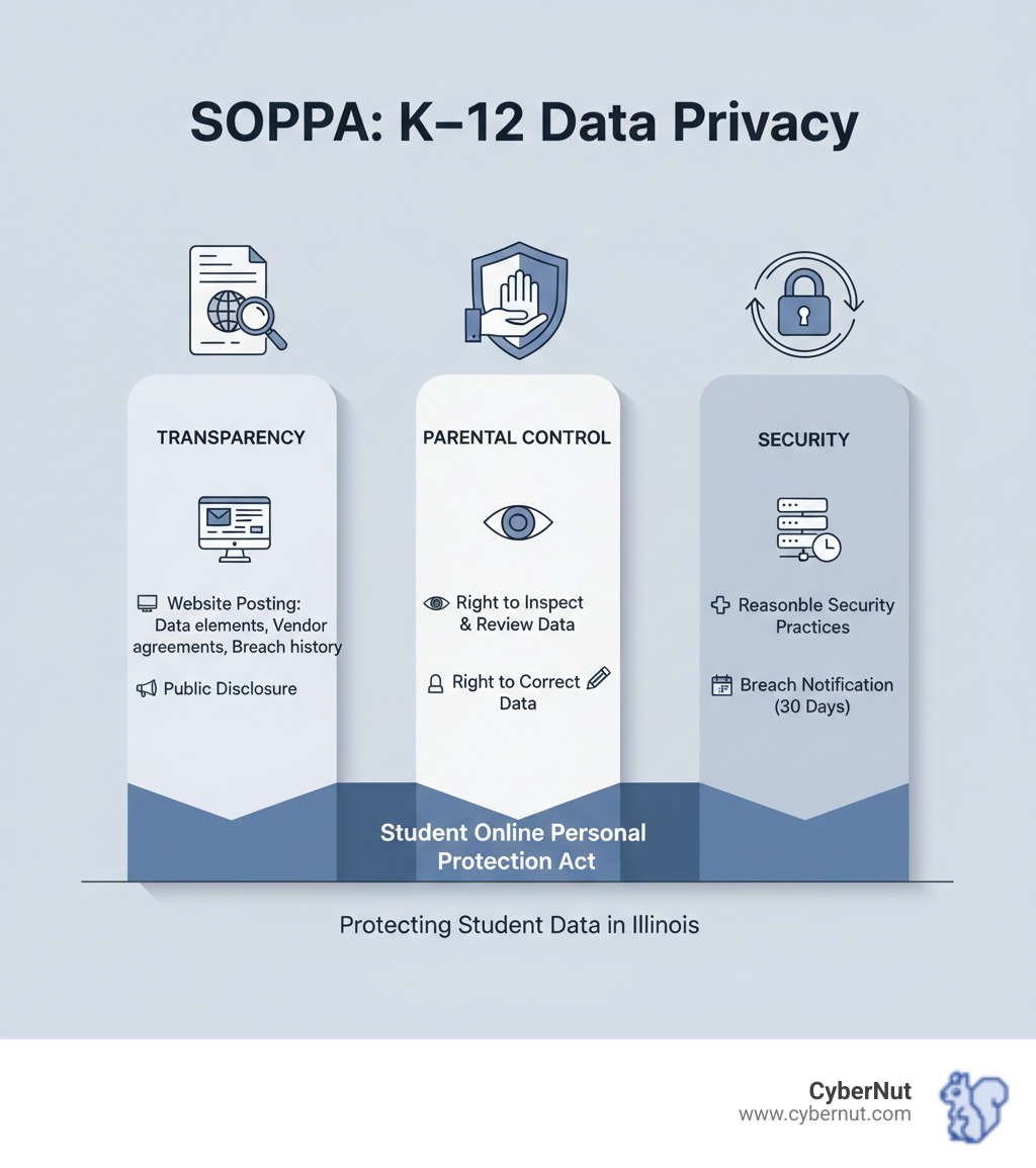 infographic showing three pillars of SOPPA: Transparency pillar with website posting requirements and public disclosure, Parental Control pillar with rights to inspect review and correct data, and Security pillar with reasonable security practices and breach notification timelines - All About Illinois’ Data Breach Law: Requirements for K–12 Districts infographic infographic showing three pillars of SOPPA: Transparency pillar with website posting requirements and public disclosure, Parental Control pillar with rights to inspect review and correct data, and Security pillar with reasonable security practices and breach notification timelines - All About Illinois’ Data Breach Law: Requirements for K–12 Districts infographic