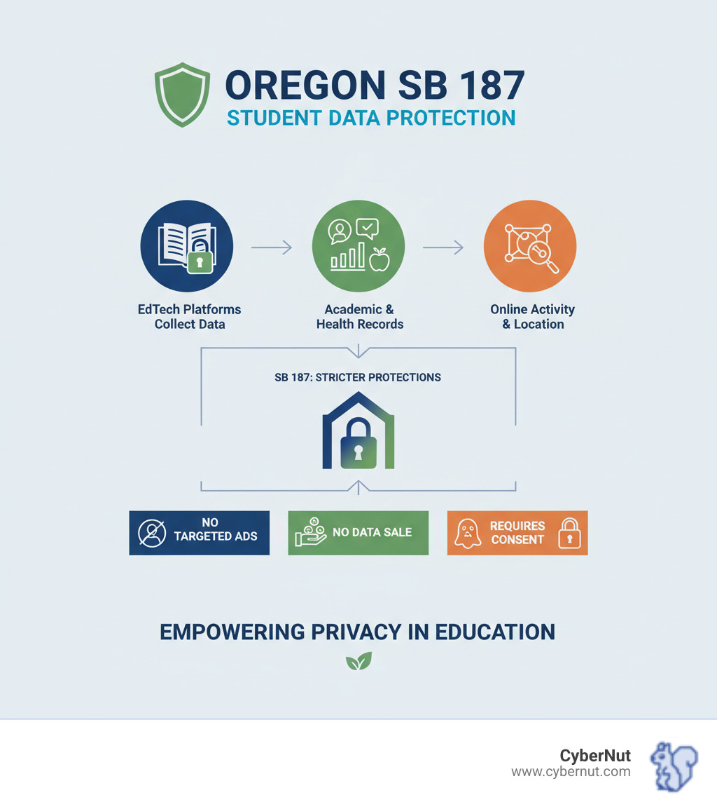 Infographic showing types of student data collected by EdTech platforms including educational records, contact information, test scores, disciplinary records, health information, Social Security numbers, biometric data, geolocation information, cafeteria purchases, and online activity, with icons representing commercial exploitation risks like targeted advertising, data selling, and unauthorized profiling - All About Oregon’s SB 187 Student Information Protection Requirements infographic Infographic showing types of student data collected by EdTech platforms including educational records, contact information, test scores, disciplinary records, health information, Social Security numbers, biometric data, geolocation information, cafeteria purchases, and online activity, with icons representing commercial exploitation risks like targeted advertising, data selling, and unauthorized profiling - All About Oregon’s SB 187 Student Information Protection Requirements infographic