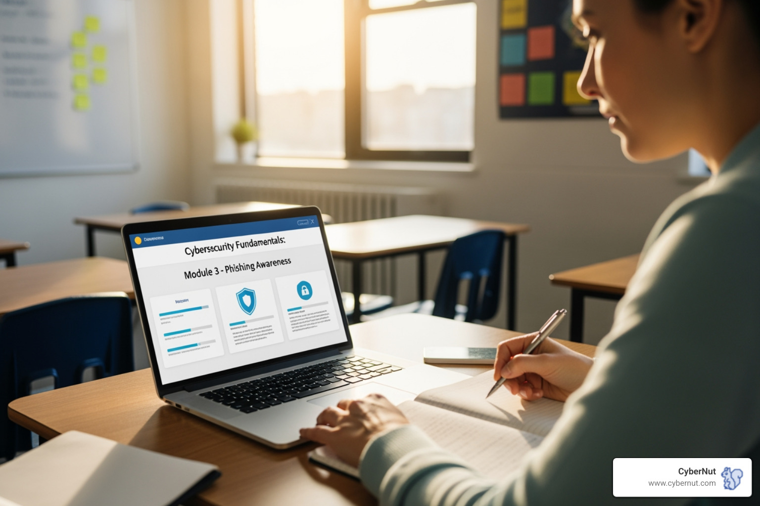 Teacher participating in an online cybersecurity training module on a laptop - All About Oregon's Data Breach Notification Law for Schools Teacher participating in an online cybersecurity training module on a laptop - All About Oregon's Data Breach Notification Law for Schools