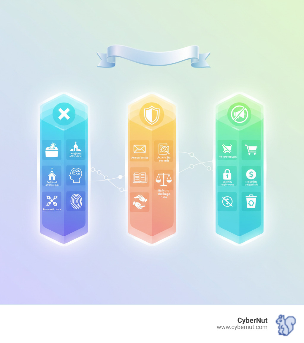 Infographic showing three pillars: Left pillar labeled "Prohibited Data Types" listing political affiliation, voting history, religious affiliation, and biometric information; Center pillar labeled "Parental Rights" showing annual notice, access to records, right to challenge data, and consent requirements; Right pillar labeled "Vendor Responsibility" displaying no targeted ads, no selling data, security requirements, and data deletion obligations - All About Florida’s Student Data Privacy Act (FS 1002.222) infographic 