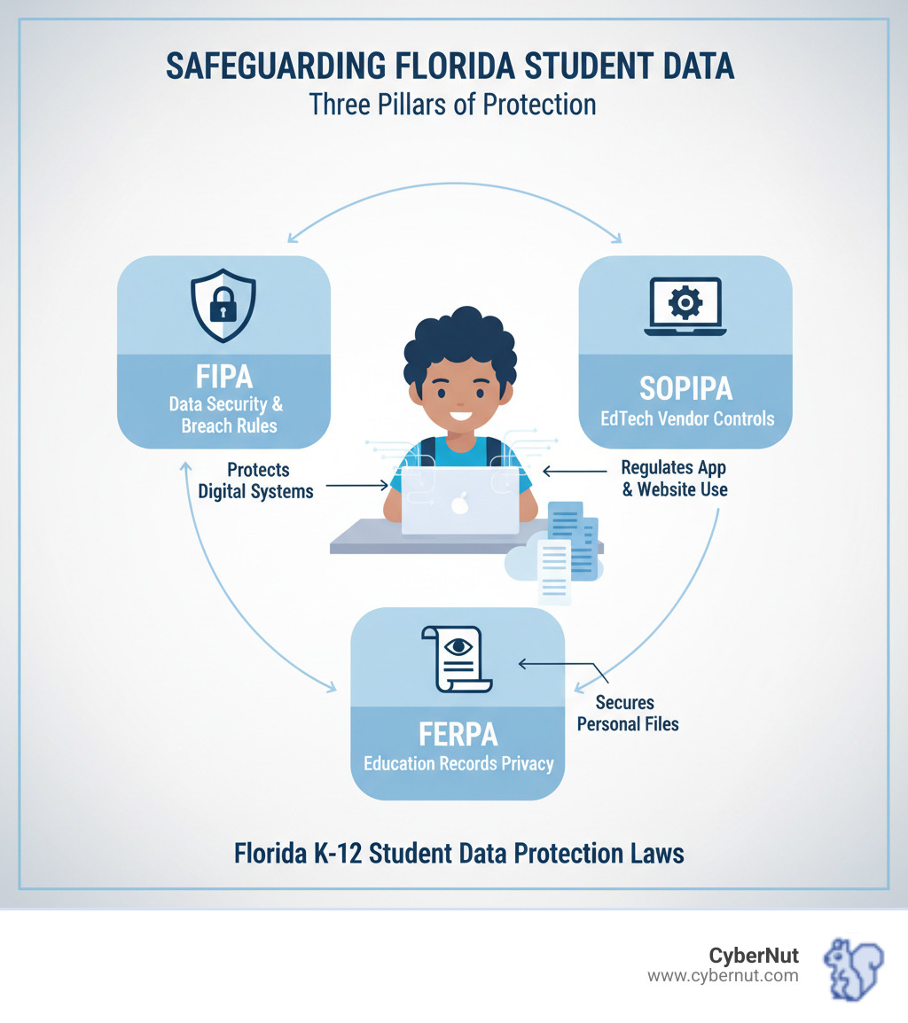 Infographic showing three pillars of Florida student data protection: FIPA (shield icon with "Data Security & Breach Rules"), SOPIPA (laptop icon with "EdTech Vendor Controls"), and FERPA (document icon with "Education Records Privacy"), all surrounding a central image of a student with a laptop, with arrows showing how each law protects different aspects of student data in Florida K-12 schools - What to Know About FIPA: Data Protection Rules for Florida Schools infographic Infographic showing three pillars of Florida student data protection: FIPA (shield icon with "Data Security & Breach Rules"), SOPIPA (laptop icon with "EdTech Vendor Controls"), and FERPA (document icon with "Education Records Privacy"), all surrounding a central image of a student with a laptop, with arrows showing how each law protects different aspects of student data in Florida K-12 schools - What to Know About FIPA: Data Protection Rules for Florida Schools infographic