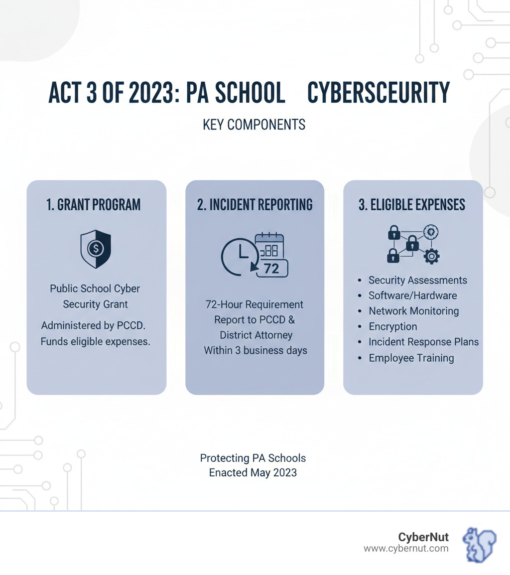 Infographic showing Act 3's three main components: Public School Cyber Security Grant Program (administered by PCCD, funds eligible cybersecurity expenses), 72-Hour Incident Reporting Requirement (report to PCCD and District Attorney within 3 business days), and Eligible Grant Expenses (security assessments, software/hardware, network monitoring, encryption, incident response plans, employee training) - All About Act 3 of 2023: New Cybersecurity Requirements for Pennsylvania Schools infographic 