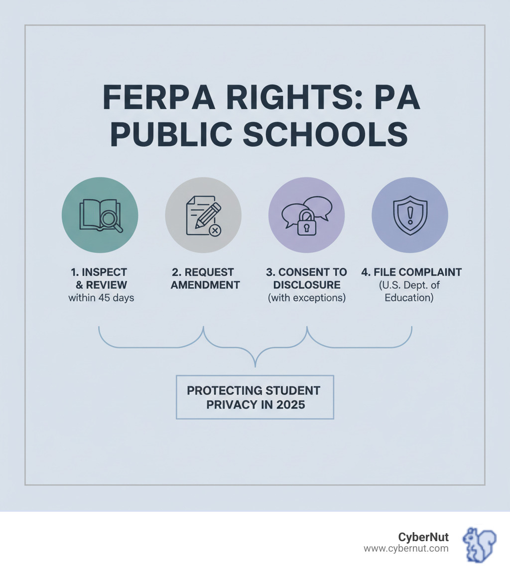 Infographic showing the four core FERPA rights: 1) Right to Inspect and Review Education Records within 45 days of request, 2) Right to Request Amendment of inaccurate or misleading records, 3) Right to Consent to Disclosures of personally identifiable information (with specific exceptions like school officials with legitimate educational interest, other schools, audits, financial aid, health/safety emergencies), 4) Right to File a Complaint with the U.S. Department of Education's Student Privacy Policy Office within 180 days of alleged violation - All About FERPA Alignment in the PA Public School Code infographic Infographic showing the four core FERPA rights: 1) Right to Inspect and Review Education Records within 45 days of request, 2) Right to Request Amendment of inaccurate or misleading records, 3) Right to Consent to Disclosures of personally identifiable information (with specific exceptions like school officials with legitimate educational interest, other schools, audits, financial aid, health/safety emergencies), 4) Right to File a Complaint with the U.S. Department of Education's Student Privacy Policy Office within 180 days of alleged violation - All About FERPA Alignment in the PA Public School Code infographic