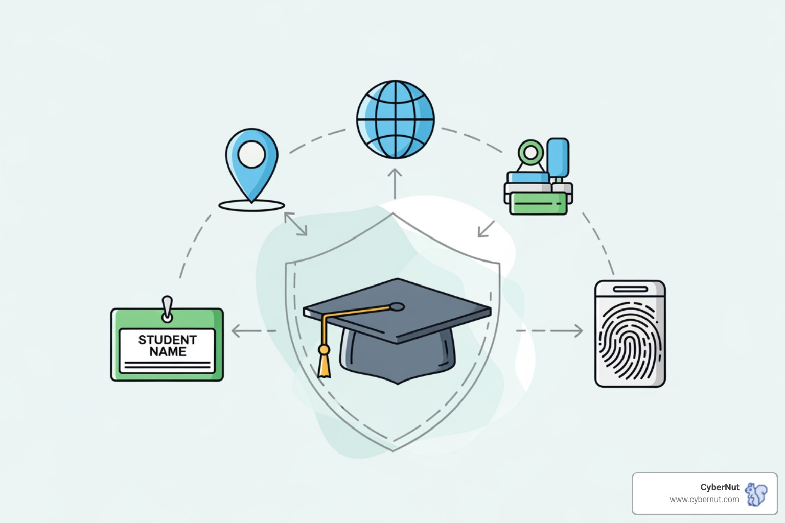 Illustration of various types of student data, including a graduation cap for grades, a globe for location, a name tag for personal identification, and a fingerprint for biometrics, representing the breadth of protected information - All About Georgia's Student Data Privacy, Accessibility, and Transparency Act