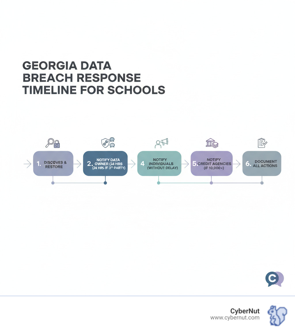 Infographic showing the data breach response timeline: Discovery of breach → Assess scope and restore system integrity → Notify data owner within 24 hours (if third-party) → Notify affected individuals without unreasonable delay → If 10,000+ affected, notify consumer reporting agencies → Document all actions and responses - What to Know About Georgia’s Data Breach Notification Requirements for Schools infographic Infographic showing the data breach response timeline: Discovery of breach → Assess scope and restore system integrity → Notify data owner within 24 hours (if third-party) → Notify affected individuals without unreasonable delay → If 10,000+ affected, notify consumer reporting agencies → Document all actions and responses - What to Know About Georgia’s Data Breach Notification Requirements for Schools infographic
