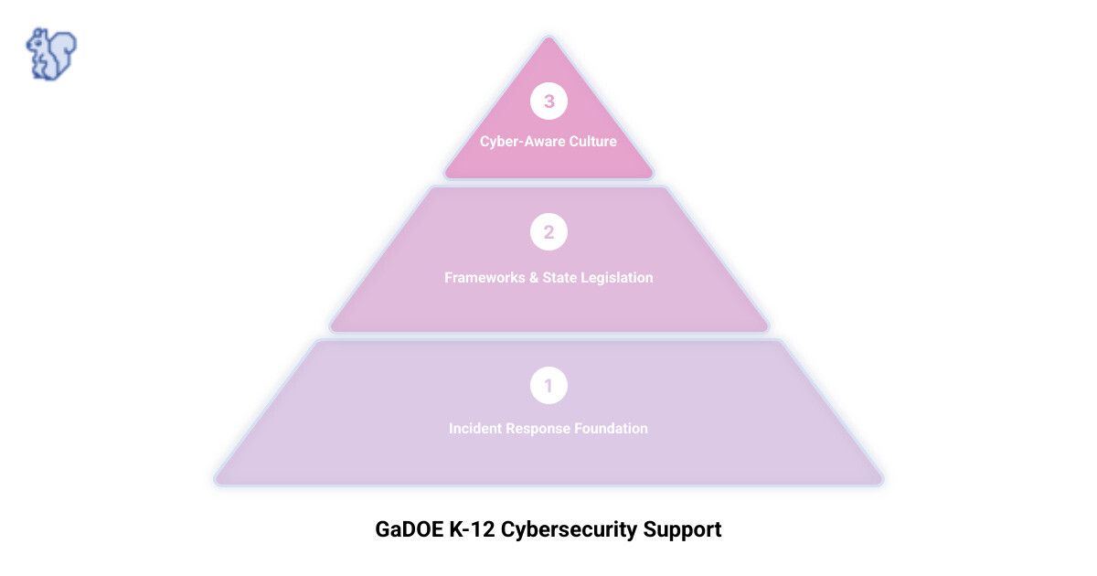 Infographic showing the multi-layered approach to GaDOE cybersecurity support, including incident response planning at the foundation, national frameworks like K12 SIX and PASS Guidelines in the middle layer, state legislation like HB 268 and data privacy laws above that, and cybersecurity awareness education for students and staff at the top, all protecting a central school building icon - All About GaDOE Cybersecurity Guidelines for K–12 Districts infographic Infographic showing the multi-layered approach to GaDOE cybersecurity support, including incident response planning at the foundation, national frameworks like K12 SIX and PASS Guidelines in the middle layer, state legislation like HB 268 and data privacy laws above that, and cybersecurity awareness education for students and staff at the top, all protecting a central school building icon - All About GaDOE Cybersecurity Guidelines for K–12 Districts infographic