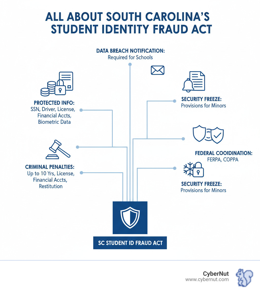Infographic showing the components of South Carolina's student identity fraud protections: FIFITPA as the foundation, with branches showing criminal penalties (10 years imprisonment, fines, restitution), protected information types (SSN, driver's license, financial accounts, biometric data), data breach notification requirements for schools, security freeze provisions for minors, and coordination with federal laws like FERPA and COPPA - All About South Carolina’s Student Identity Fraud Act infographic 