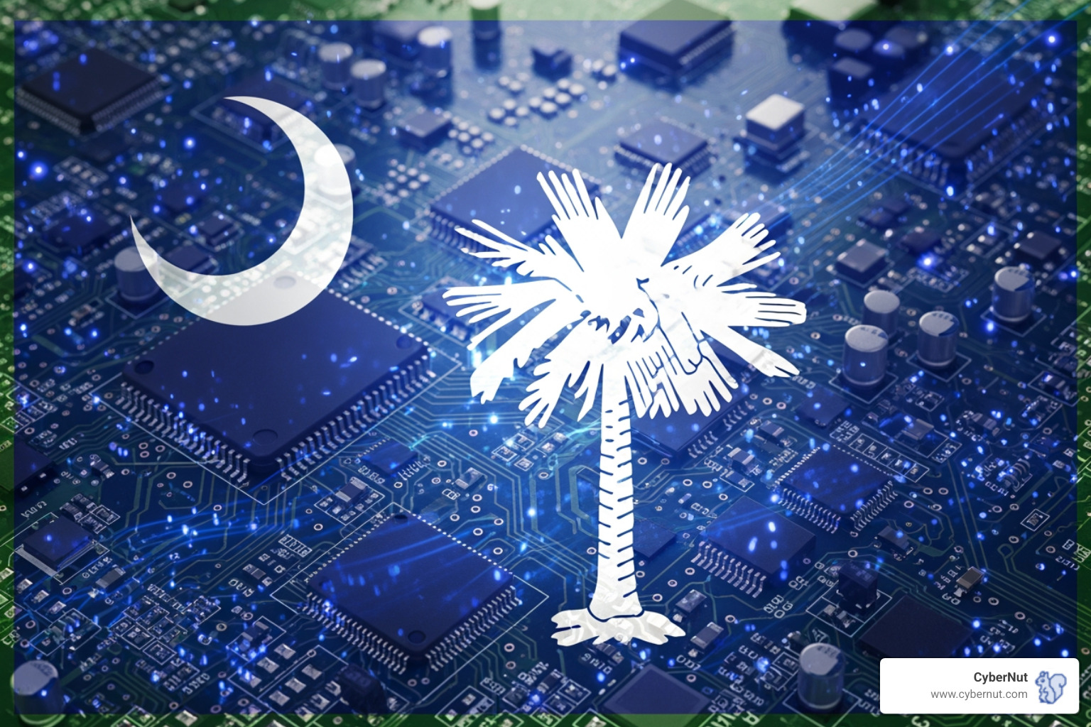 South Carolina state flag overlaid on a circuit board - What to Know About SC's Data Breach Notification Rules for Schools