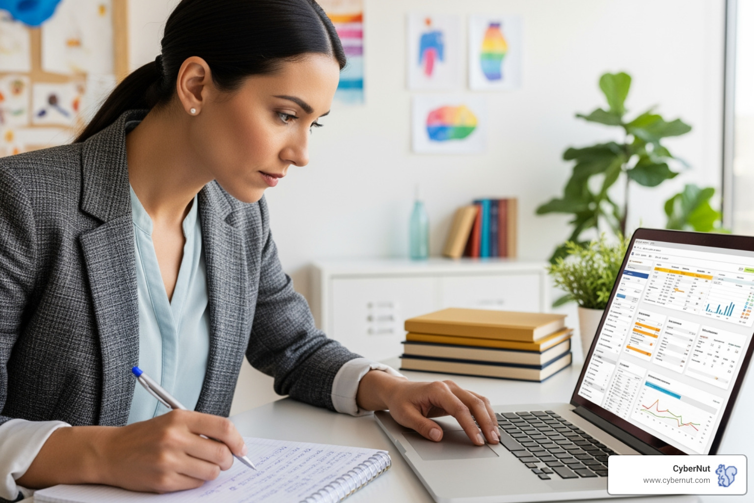 Teacher reviewing student data on a laptop - All About EAA Data Requirements for South Carolina School Districts