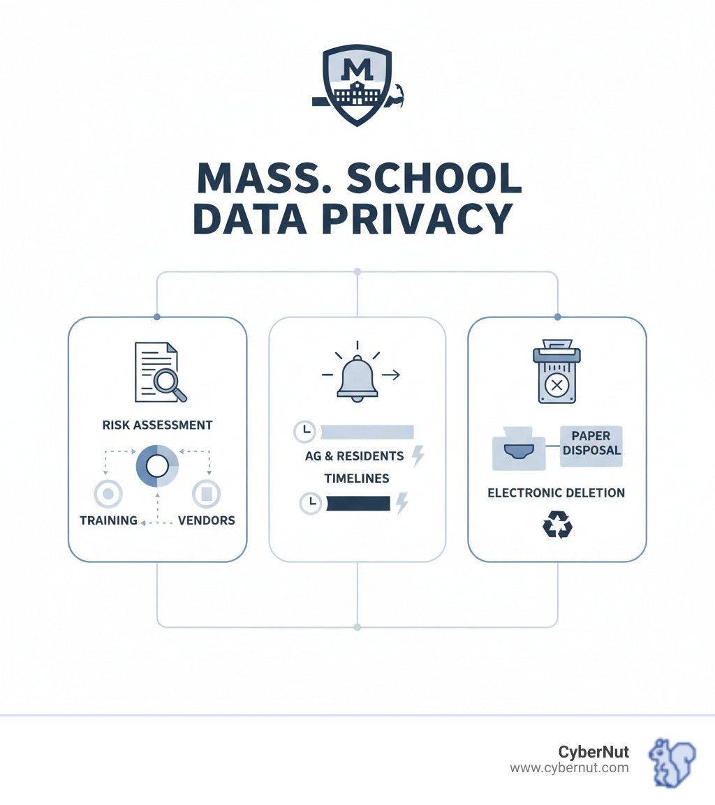 Infographic showing the three key pillars of M.G.L. 93H compliance for schools: 1) Written Information Security Program (WISP) with risk assessment, employee training, and vendor management; 2) Breach Notification requirements including timelines for reporting to Attorney General and affected residents; 3) Secure Data Disposal methods for both paper documents and electronic media - What to Know About M.G.L. 93H for Massachusetts School Data Privacy infographic 
