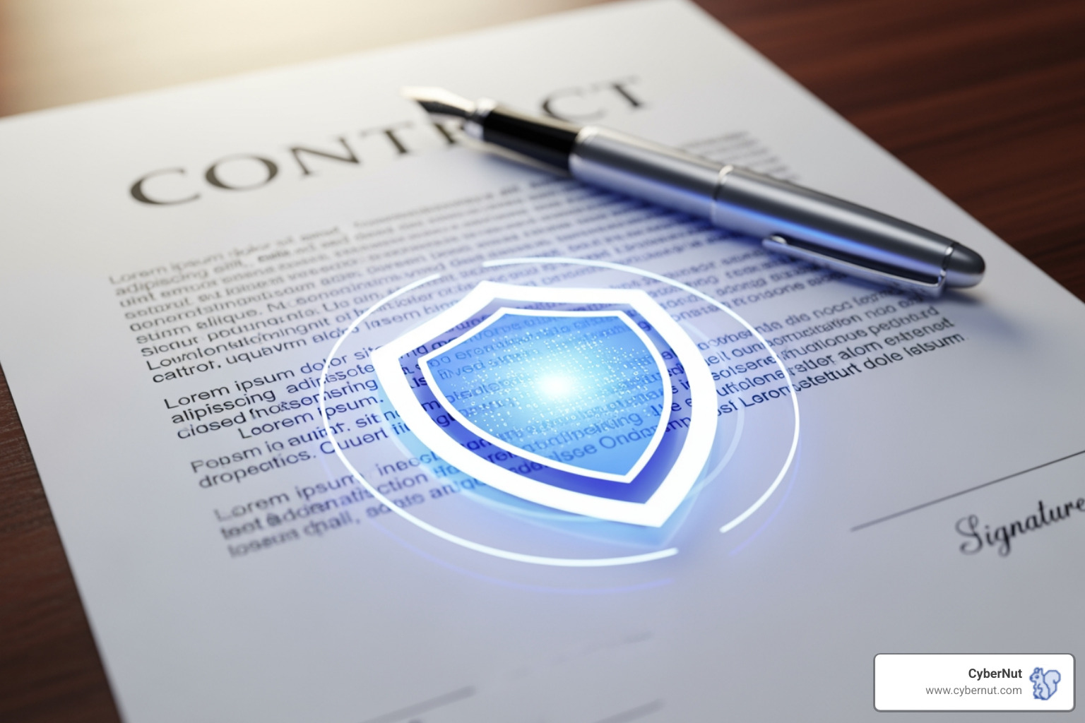 An image of a stylized contract document with a pen, overlaid with a security shield icon, symbolizing the importance of contractual agreements in ensuring data security with third-party vendors. - All About 201 CMR 17.00: Data Security Standards for Massachusetts K–12 Schools