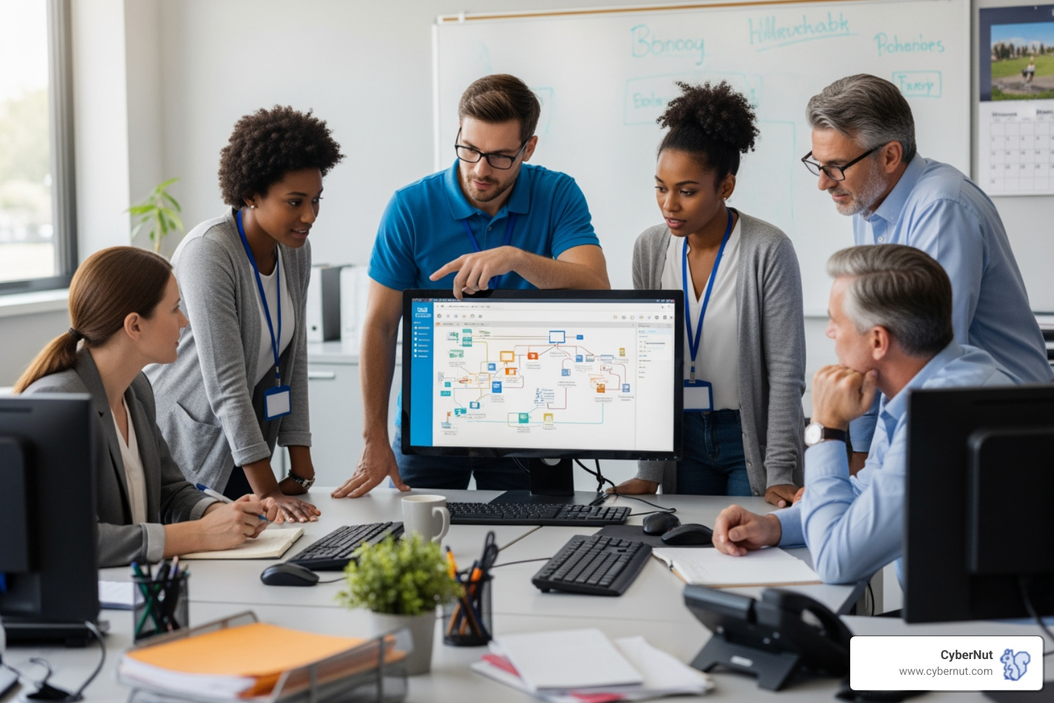 Image of school administrators and IT staff collaborating around a computer - What to Know About the NC Identity Theft Protection Act for K–12