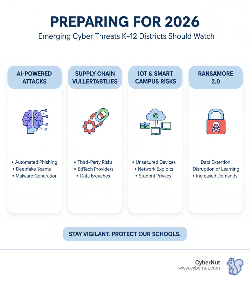 Infographic showing five emerging K-12 cyber threats for 2026: AI-driven phishing attacks with 70% of admins concerned, ransomware causing 3 days to 3 weeks learning loss and $50k-$1M+ recovery costs, supply chain compromises through EdTech vendors, student account targeting with only 5% having MFA protection, and internal threats with 29% surge in student-to-student incidents - Preparing for 2026: Emerging Cyber Threats Every K–12 District Should Watch infographic pillar-5-steps