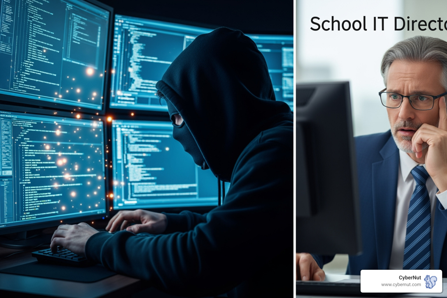 A hacker using AI on one side and a school IT director looking concerned on the other - Preparing for 2026: Emerging Cyber Threats Every K–12 District Should Watch