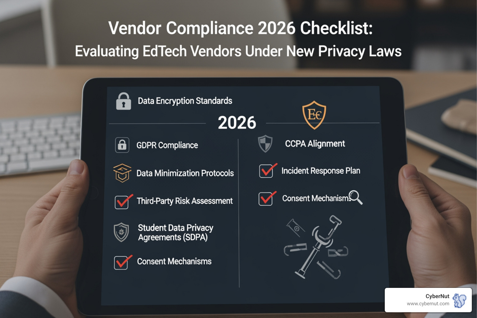 A person using a magnifying glass to examine a digital contract on a tablet screen - Vendor Compliance 2026 Checklist: Evaluating EdTech Vendors Under New Privacy Laws