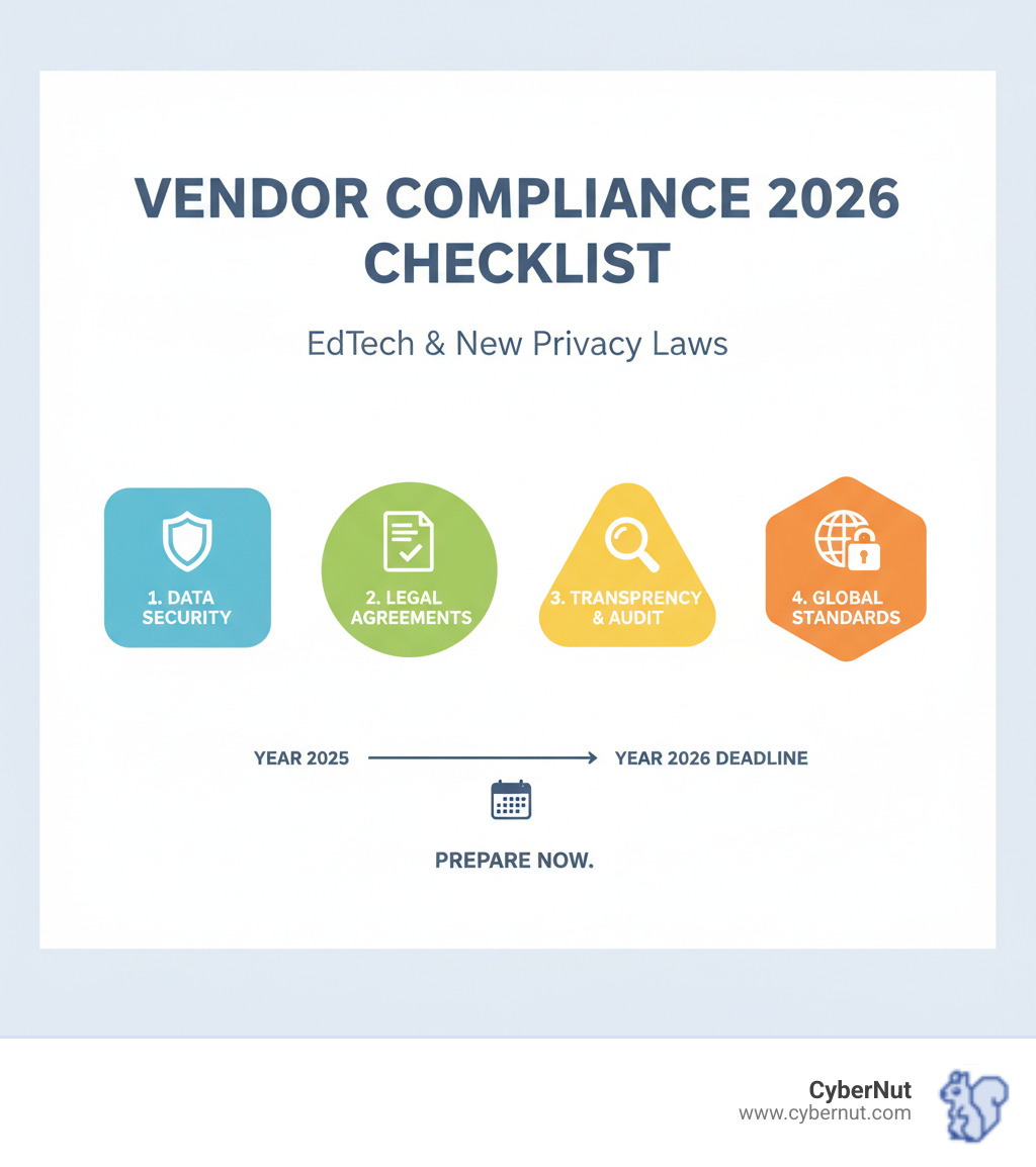 Infographic showing the timeline of state student privacy laws from 2014 to 2026, with key milestones including California's AB 1584 enactment, the introduction of 400+ privacy bills across 49 states, SETDA's 2025 Quality Indicators prioritizing data safety, and the 2026 CCPA mandatory cybersecurity audit requirement for larger companies - Vendor Compliance 2026 Checklist: Evaluating EdTech Vendors Under New Privacy Laws infographic 