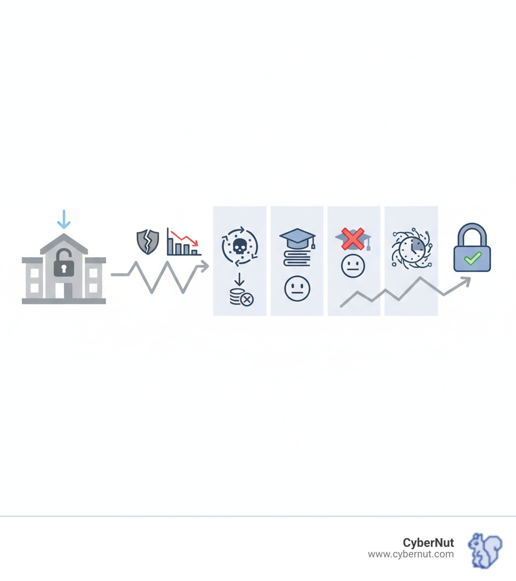 infographic showing cascading costs: immediate operational downtime leading to weeks of learning loss, leading to hundreds of thousands in recovery costs, leading to long-term reputational damage and enrollment decline - The Cost of Delay: What Happens When Schools Postpone Cybersecurity Investments infographic infographic-line-5-steps-dark infographic showing cascading costs: immediate operational downtime leading to weeks of learning loss, leading to hundreds of thousands in recovery costs, leading to long-term reputational damage and enrollment decline - The Cost of Delay: What Happens When Schools Postpone Cybersecurity Investments infographic infographic-line-5-steps-dark