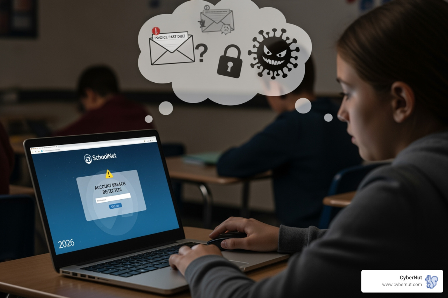 illustrating a hyper-realistic deepfake video call from a "superintendent" on a laptop screen - Phishing Trends 2026: Predictions for K–12 and How Schools Can Prepare Today