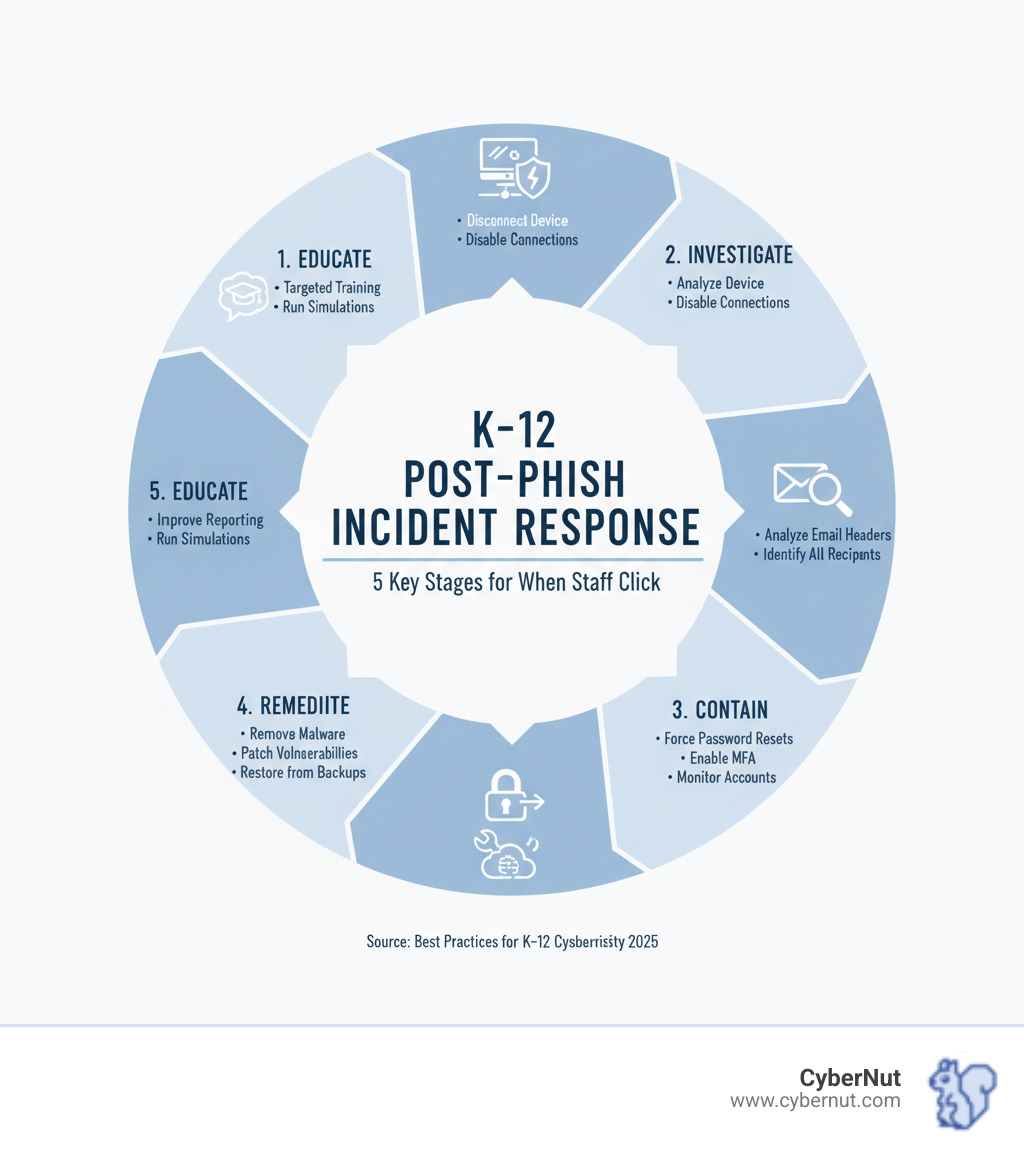 Infographic showing 5 key stages of K-12 post-phish incident response in a circular flow diagram: Stage 1 Isolate (disconnect device from network, disable connections), Stage 2 Investigate (analyze email headers and links, identify all recipients), Stage 3 Contain (force password resets, enable MFA, monitor accounts), Stage 4 Remediate (remove malware, patch vulnerabilities, restore from backups), Stage 5 Educate (conduct targeted training, improve reporting culture, run simulations) - When Staff Click: Best Practices for Post-Phish Incident Response in K–12 infographic 