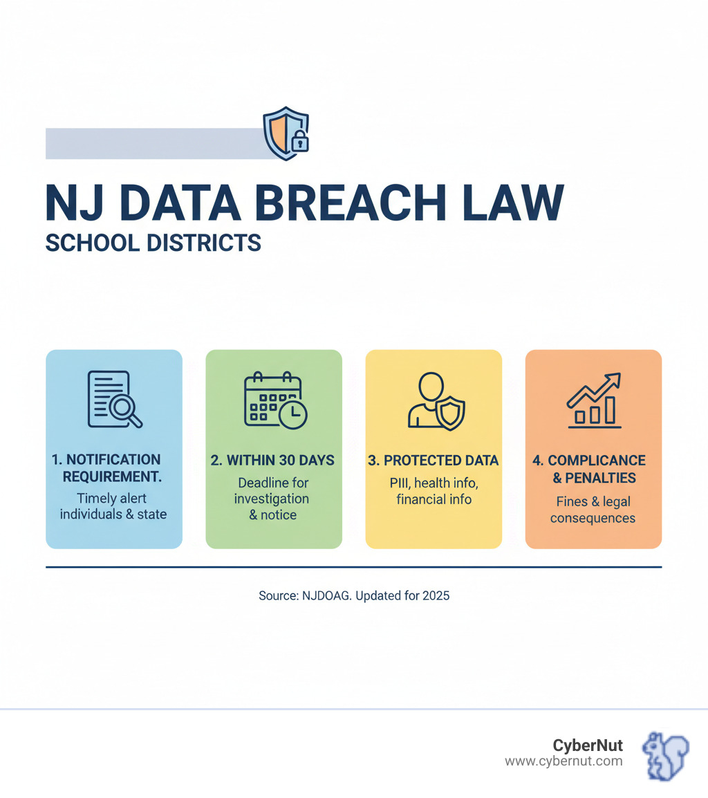 Infographic showing NJ school district data breach notification requirements: 72-hour reporting timeline to NJ Homeland Security, immediate notification to State Police, expedient notification to affected residents, vendor 24-hour notification requirement, penalties of $10,000-$20,000 per violation, and key covered data types including Social Security numbers, driver's license numbers, account numbers with passwords, and student educational records - All About NJ’s Data Breach Notification Law: Implications for School Districts infographic Infographic showing NJ school district data breach notification requirements: 72-hour reporting timeline to NJ Homeland Security, immediate notification to State Police, expedient notification to affected residents, vendor 24-hour notification requirement, penalties of $10,000-$20,000 per violation, and key covered data types including Social Security numbers, driver's license numbers, account numbers with passwords, and student educational records - All About NJ’s Data Breach Notification Law: Implications for School Districts infographic