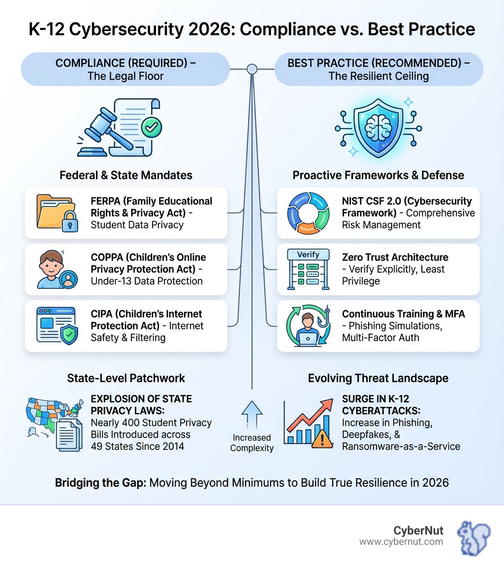 infographic showing cybersecurity compliance requirements versus best practices for K-12 schools in 2026, with columns comparing federal mandates like FERPA and COPPA on the left versus recommended frameworks like NIST CSF 2.0 and Zero Trust Architecture on the right, including statistics on the increase in K-12 cyberattacks and the number of state privacy laws enacted - Cybersecurity Compliance vs. Best Practice: What Schools Are Actually Required to Do in 2026 infographic infographic showing cybersecurity compliance requirements versus best practices for K-12 schools in 2026, with columns comparing federal mandates like FERPA and COPPA on the left versus recommended frameworks like NIST CSF 2.0 and Zero Trust Architecture on the right, including statistics on the increase in K-12 cyberattacks and the number of state privacy laws enacted - Cybersecurity Compliance vs. Best Practice: What Schools Are Actually Required to Do in 2026 infographic