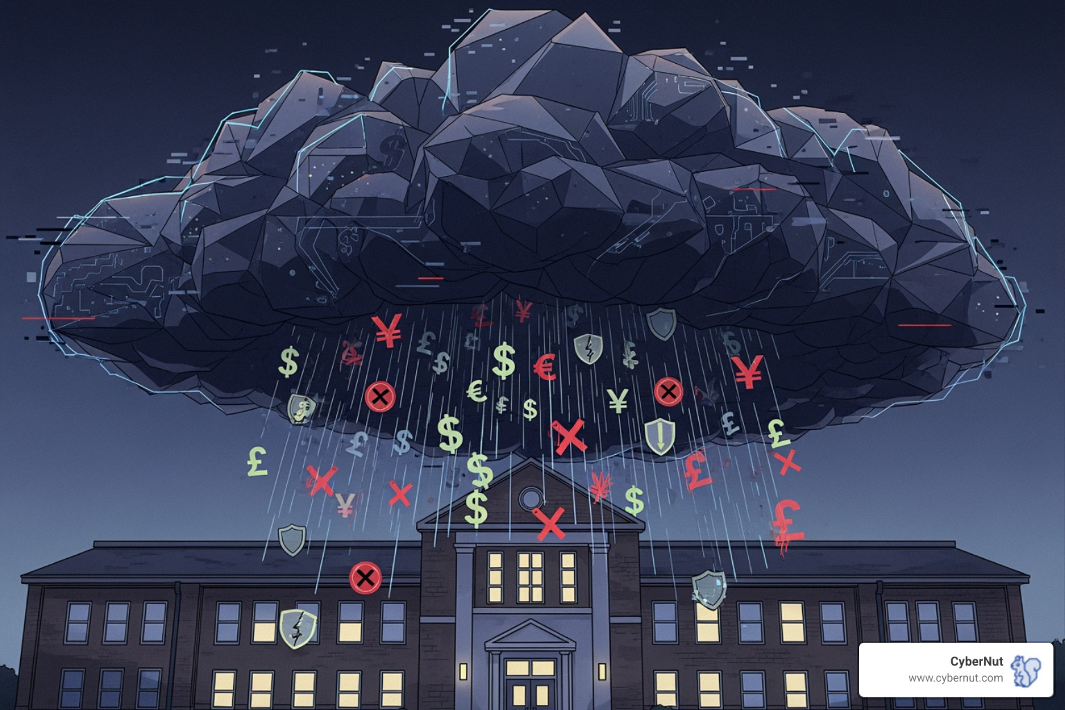 of a digital storm cloud raining down dollar signs and sad face emojis over a school building. - Why Schools Struggle to Prove Cybersecurity ROI of a digital storm cloud raining down dollar signs and sad face emojis over a school building. - Why Schools Struggle to Prove Cybersecurity ROI