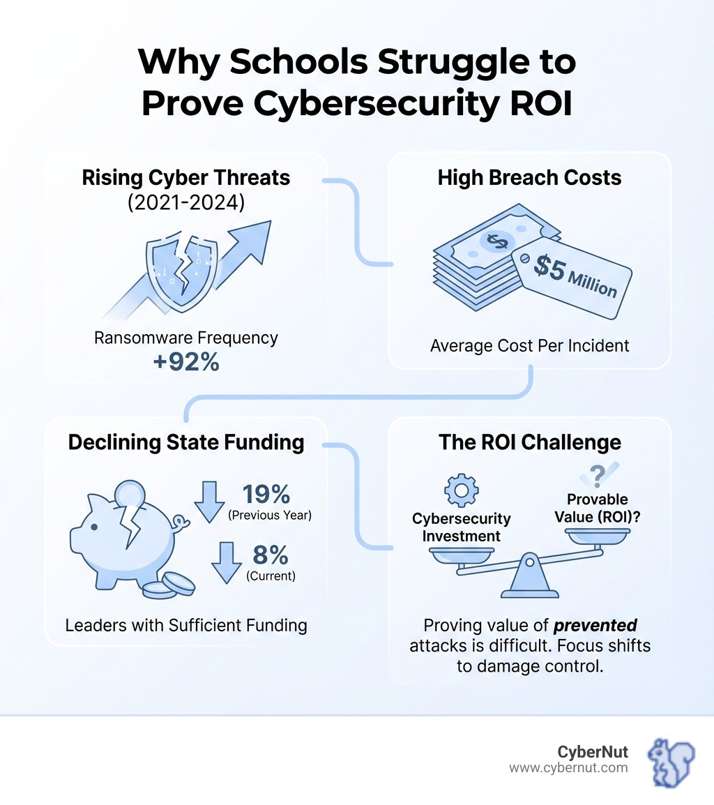 infographic showing the sharp increase in K-12 cyberattacks from 2021 to 2024, with attack frequency rising 92% for ransomware alone, alongside declining state funding where only 8% of leaders report sufficient cybersecurity funding compared to 19% the previous year, and the average breach cost of $5 million per incident - Why Schools Struggle to Prove Cybersecurity ROI infographic 4_facts_emoji_blue infographic showing the sharp increase in K-12 cyberattacks from 2021 to 2024, with attack frequency rising 92% for ransomware alone, alongside declining state funding where only 8% of leaders report sufficient cybersecurity funding compared to 19% the previous year, and the average breach cost of $5 million per incident - Why Schools Struggle to Prove Cybersecurity ROI infographic 4_facts_emoji_blue