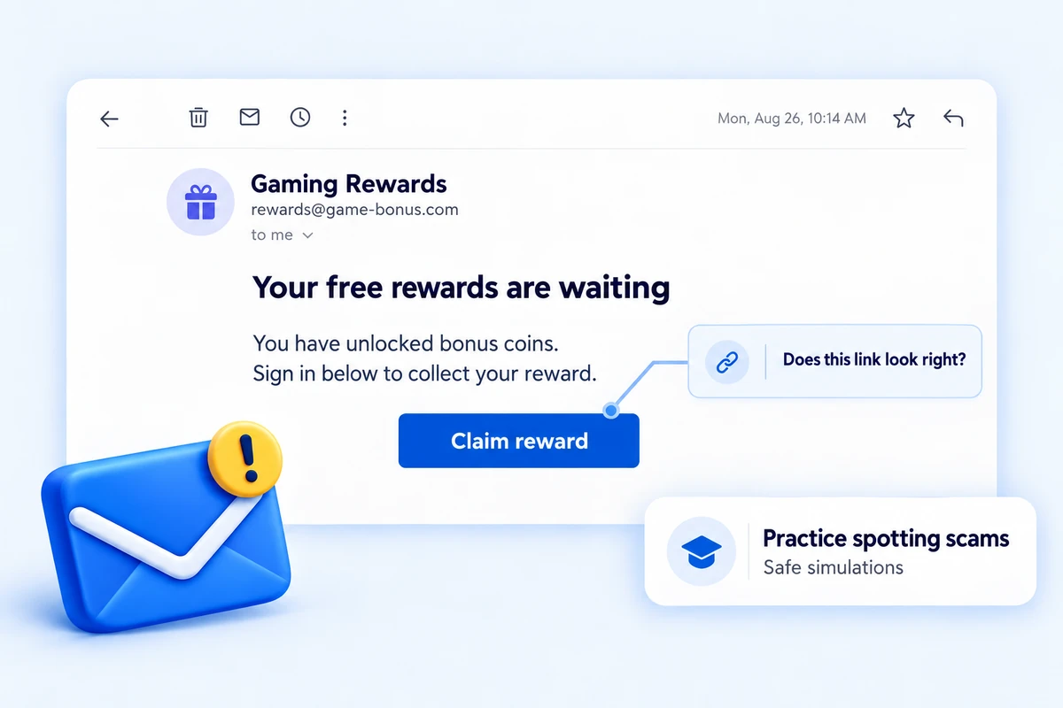 A simulated gaming rewards phishing email as a student sees it, with a prompt asking whether the link looks right