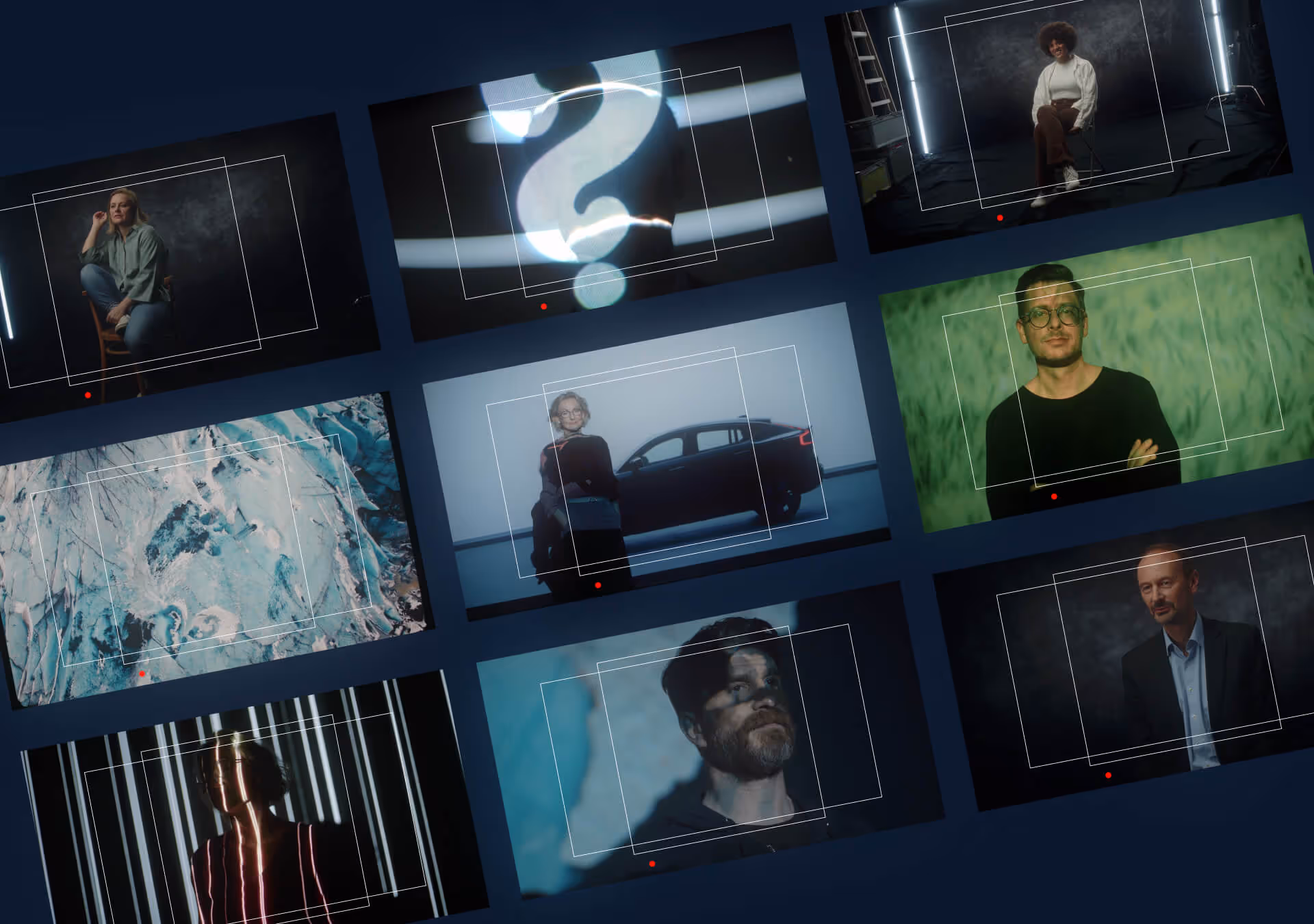 Mosaic of nine Volvo eZone video stills featuring different people, automotive elements and nature shots — campaign by Achtzehn Grad for Volvo Austria.
