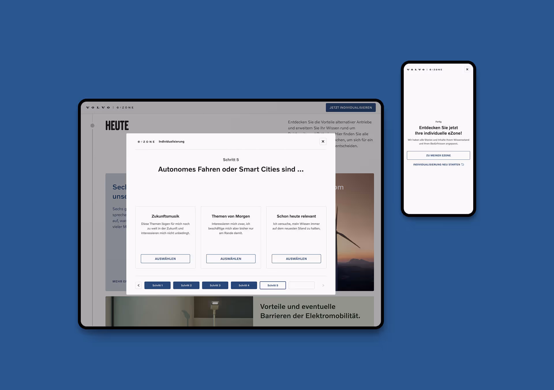 Two tablet views of the Volvo eZone page “Which electric car is right for me? “with statistics on routes in Austria — campaign by Achtzehn Grad for Volvo Austria.