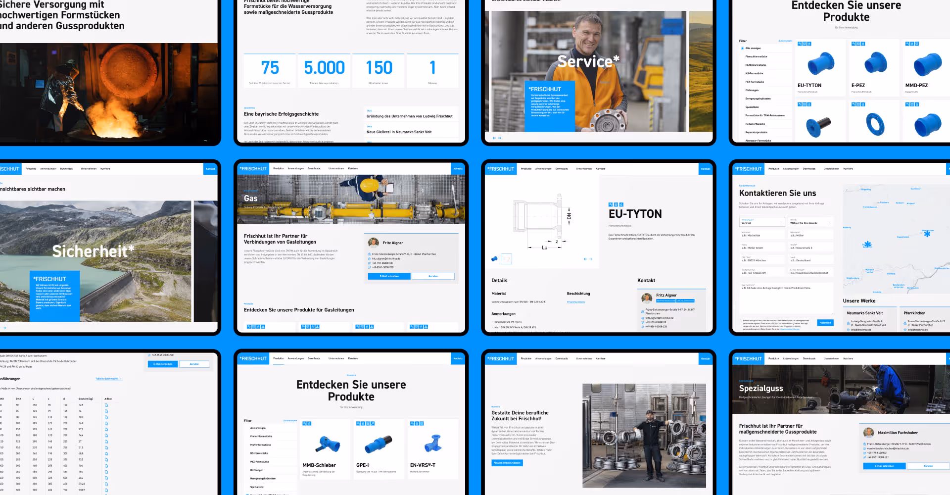 Collage der Frischhut-Website mit Beispielen zu Anwendungen, Produkte, Service und Unternehmensinformationen.