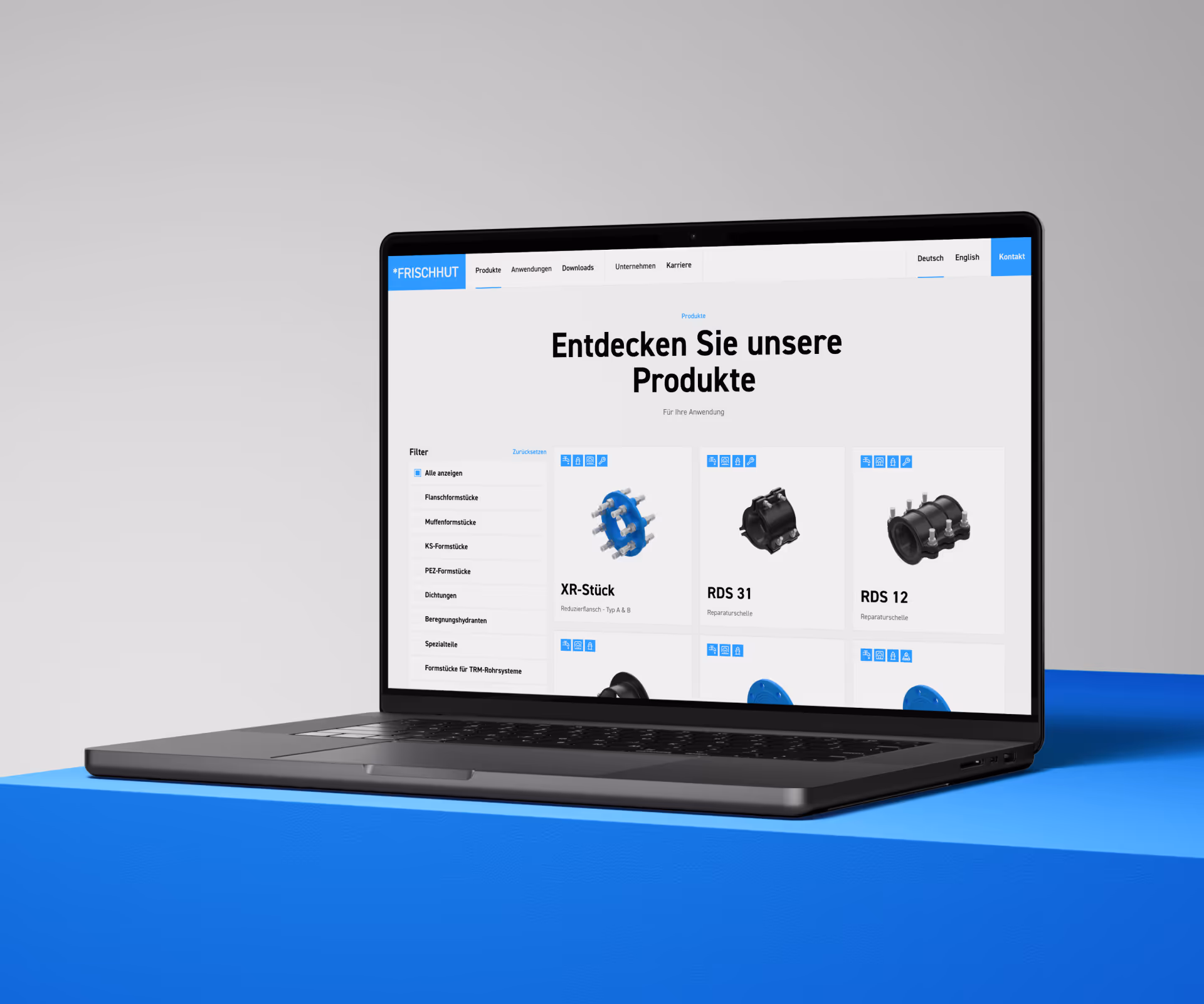 Übersicht der Frischhut-Produkte auf der Website – klar strukturiert, filterbar nach Anwendungsbereichen.
