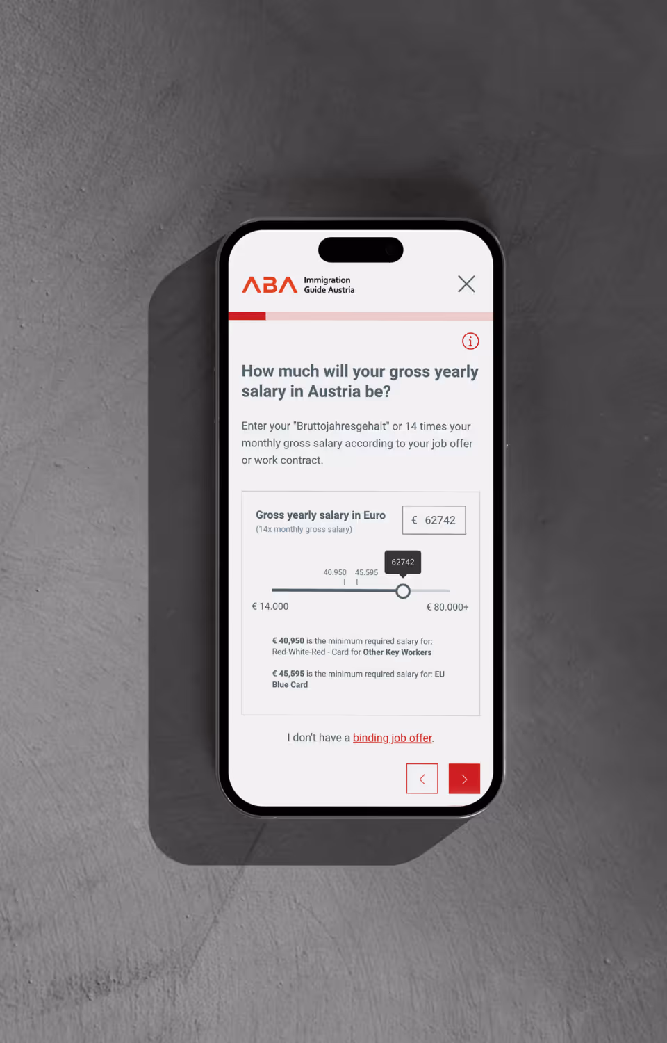 Mobilansicht des ABA Immigration Guides. Bruttojahresgehalt als Kriterium für Aufenthaltsbewilligung.