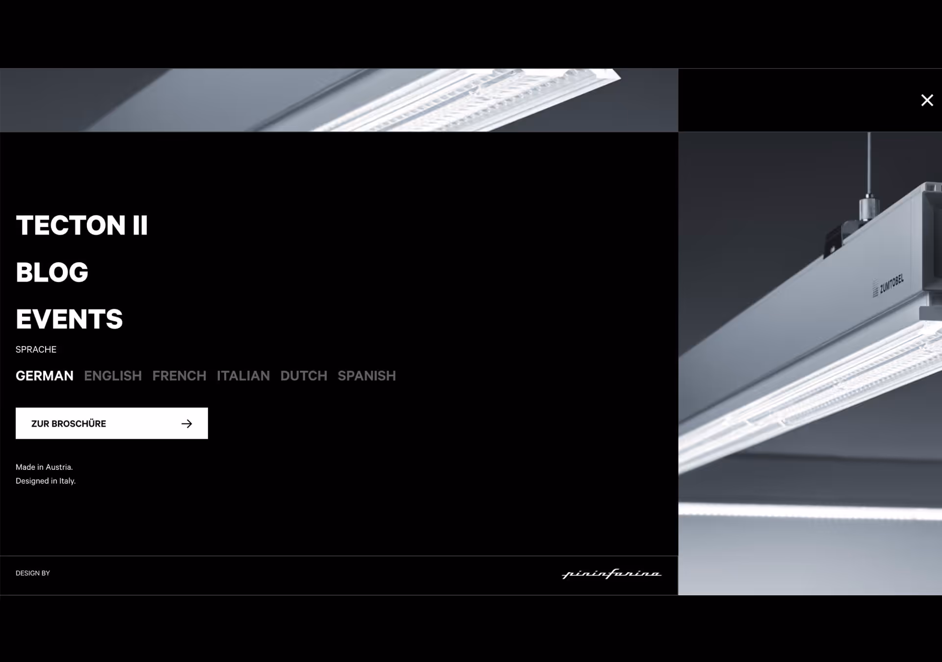Menu view of the Zumtobel TECTON II landing page from Webflow Premium Partner Achzehn Grad in Webflow with language selection and reference to Pininfarina's design.