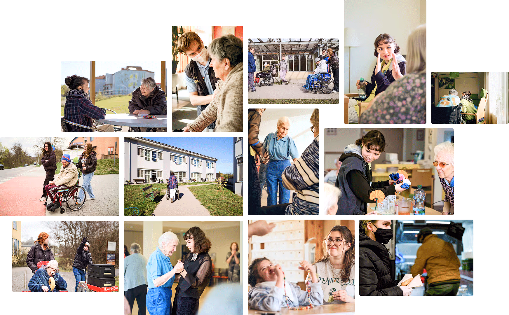 Collage aus dem FSJ-Re-Branding, durchgeführt von der Wiener Leadagentur Achtzehn Grad, welches authentische Fotos von Freiwilligen des Sozialen Jahrs (FSJ) im Alltag mit älteren Menschen, Menschen mit Behinderungen und Betreuungspersonen.