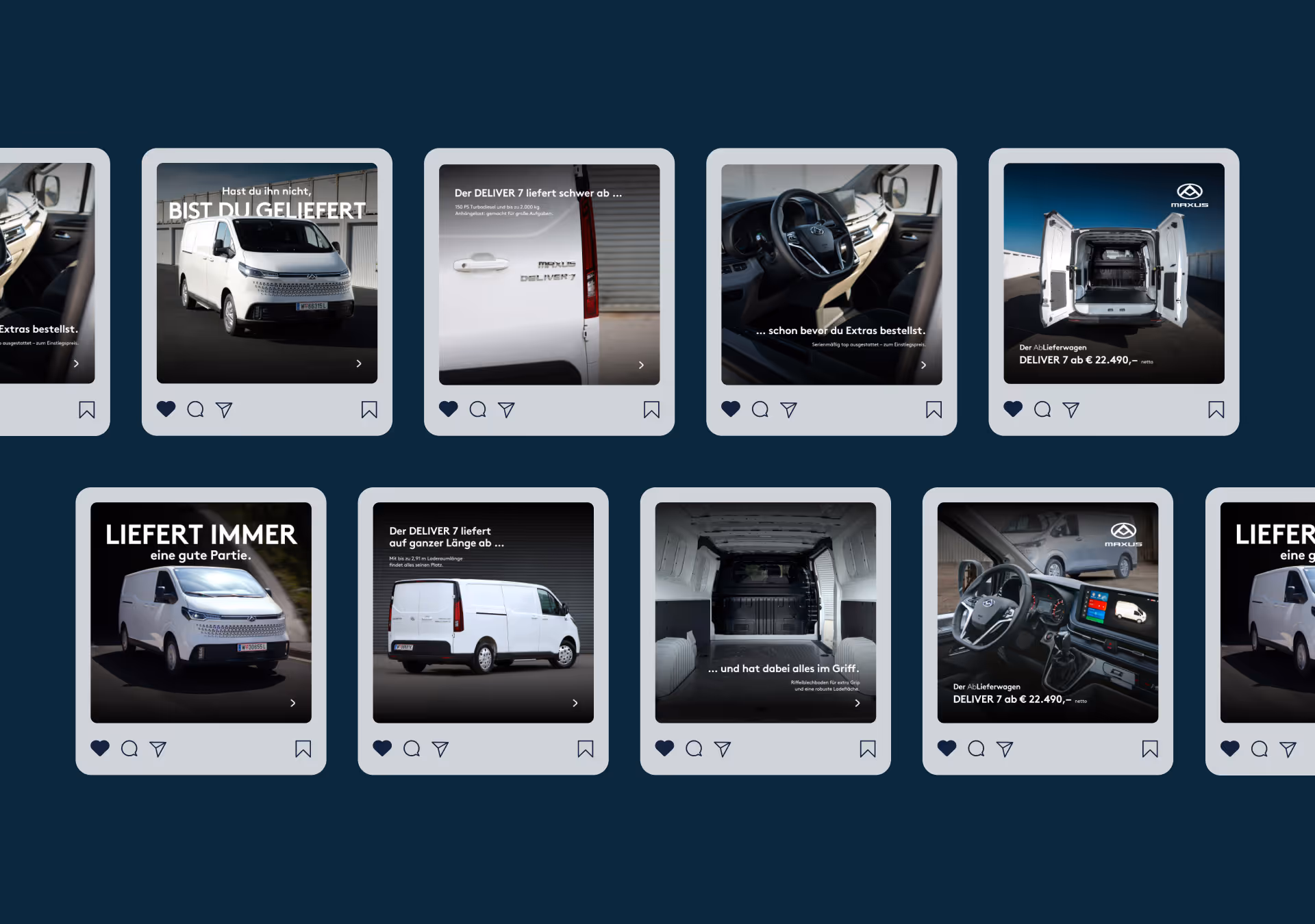 View of different social media carousels from the B2B campaign for the DELIVER 7 from MAXUS Motors in various settings and texts about performance and load capacity, implemented by the Vienna-based full-service creative agency Achtzehn Grad.