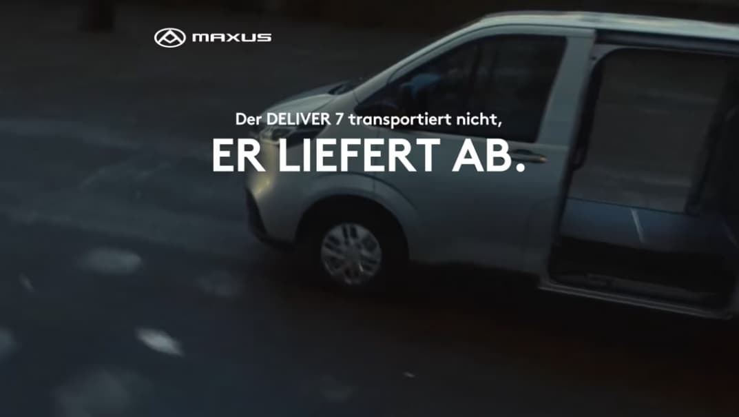 Thumbnail of the campaign video in a warehouse for the B2B campaign for the DELIVER 7 from MAXUS Motors, implemented by the Vienna-based full-service & creative agency Achtzehn Grad.