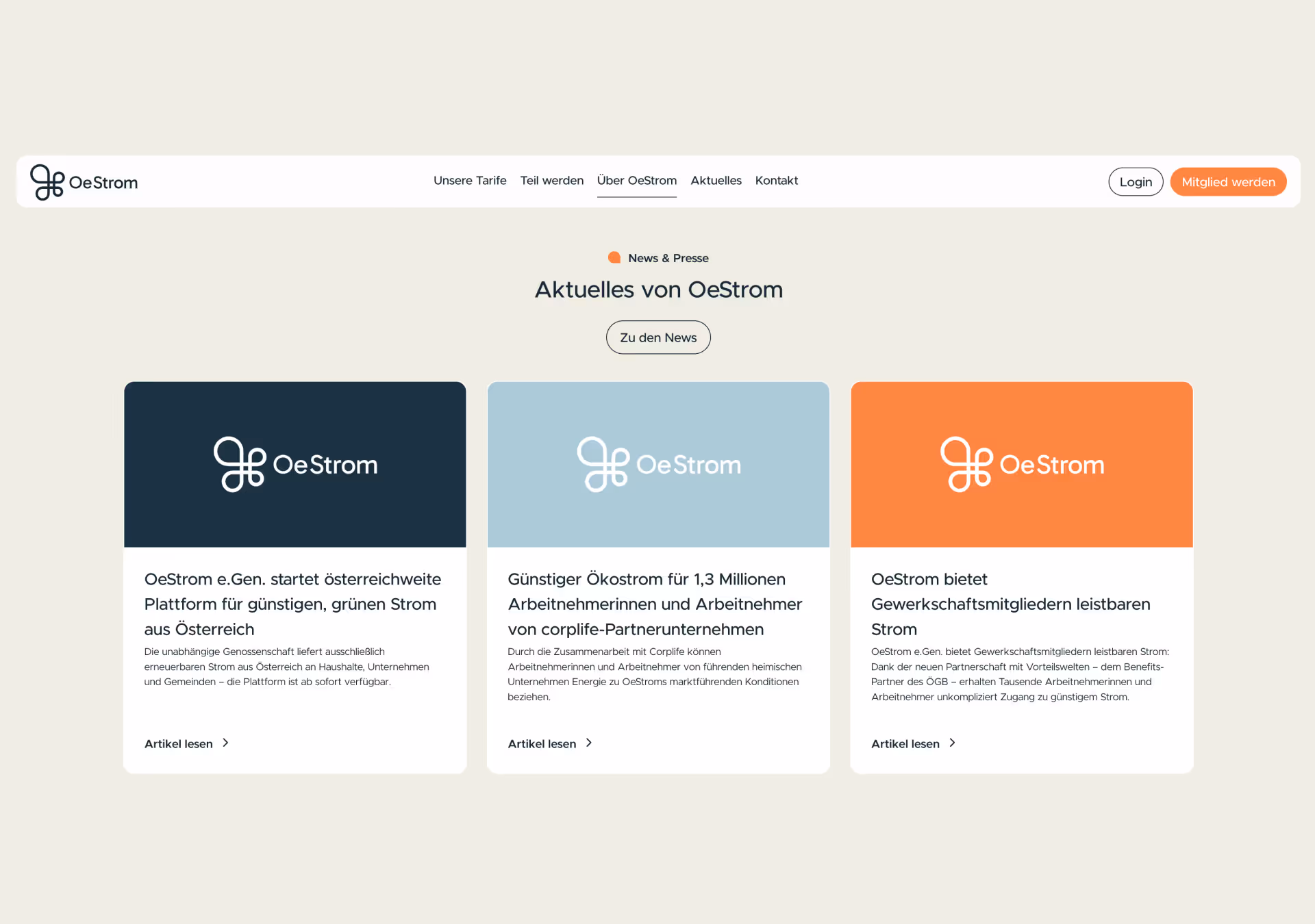 Overview page featuring news and content with clear brand guidance – digital branding for OeStrom by the Vienna-based full-service agency Achtzehn Grad.