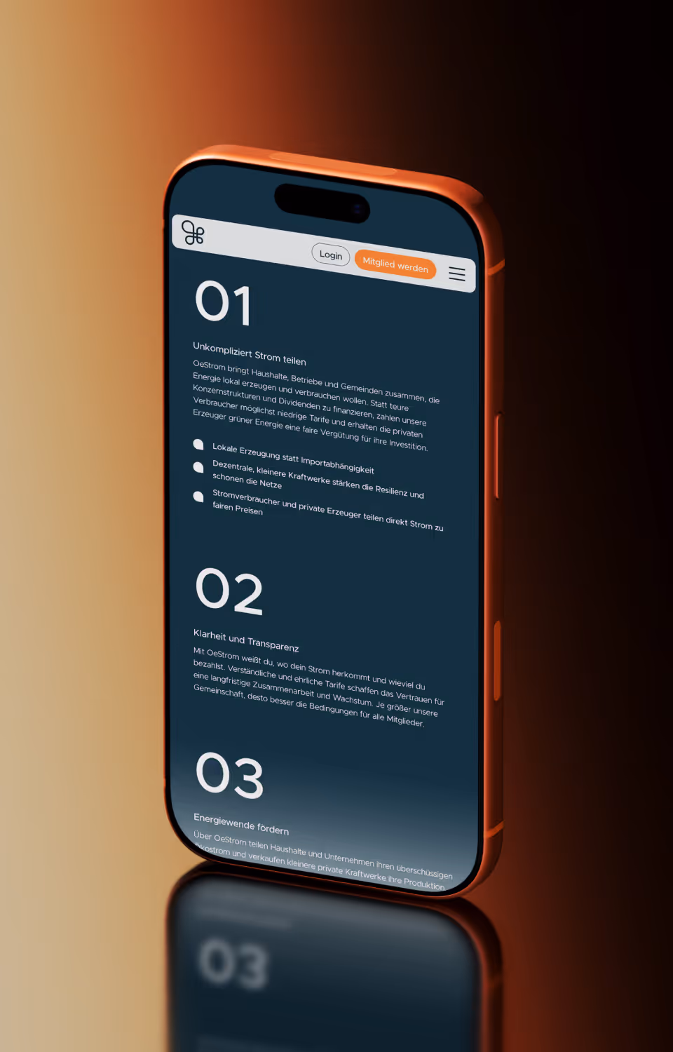 Mobile view of the OeStrom website with clear typography and accent colors – digital branding for OeStrom by the Vienna-based creative agency Achtzehn Grad.