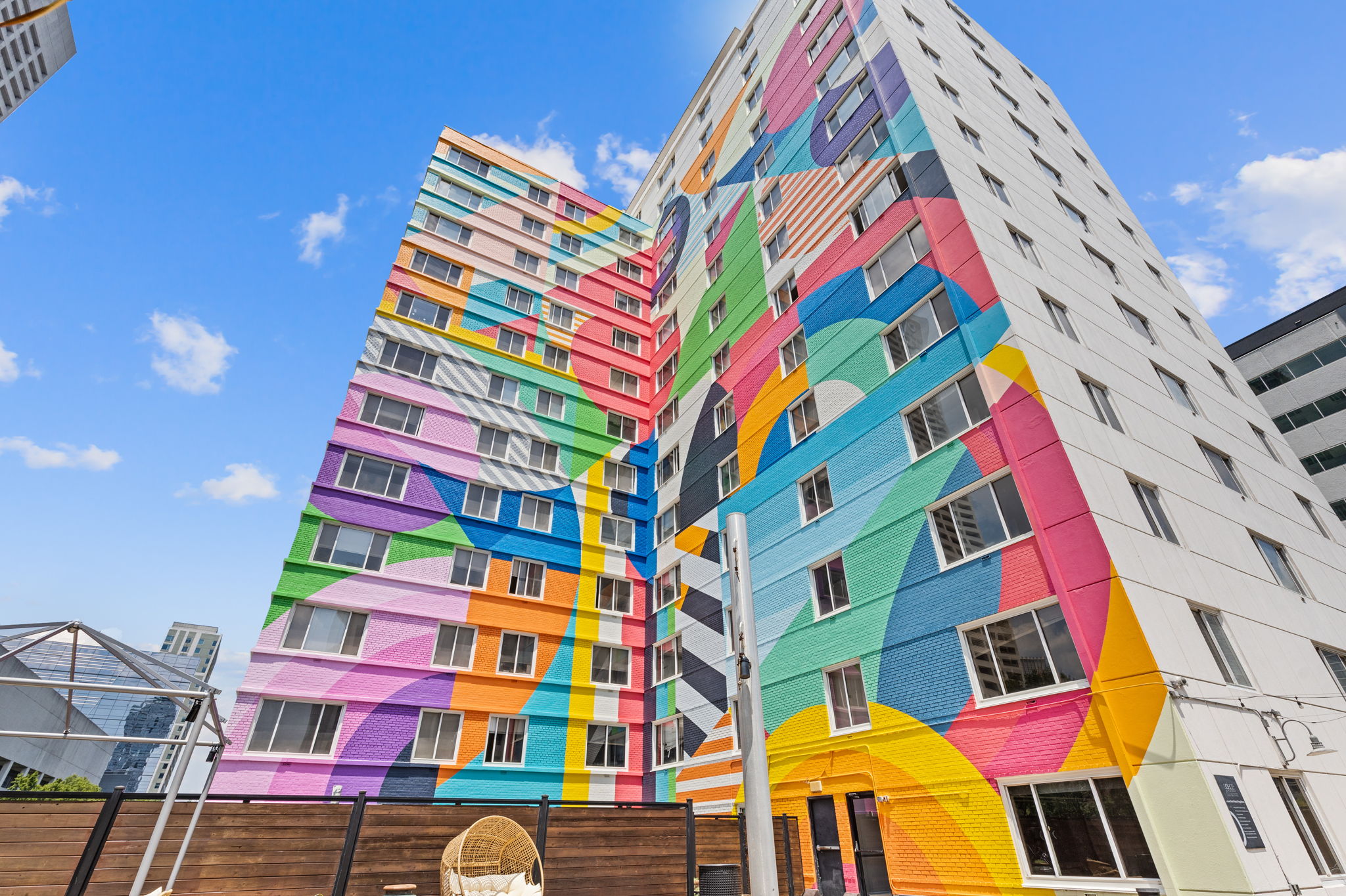 exterior of atlanta apartment building with mural