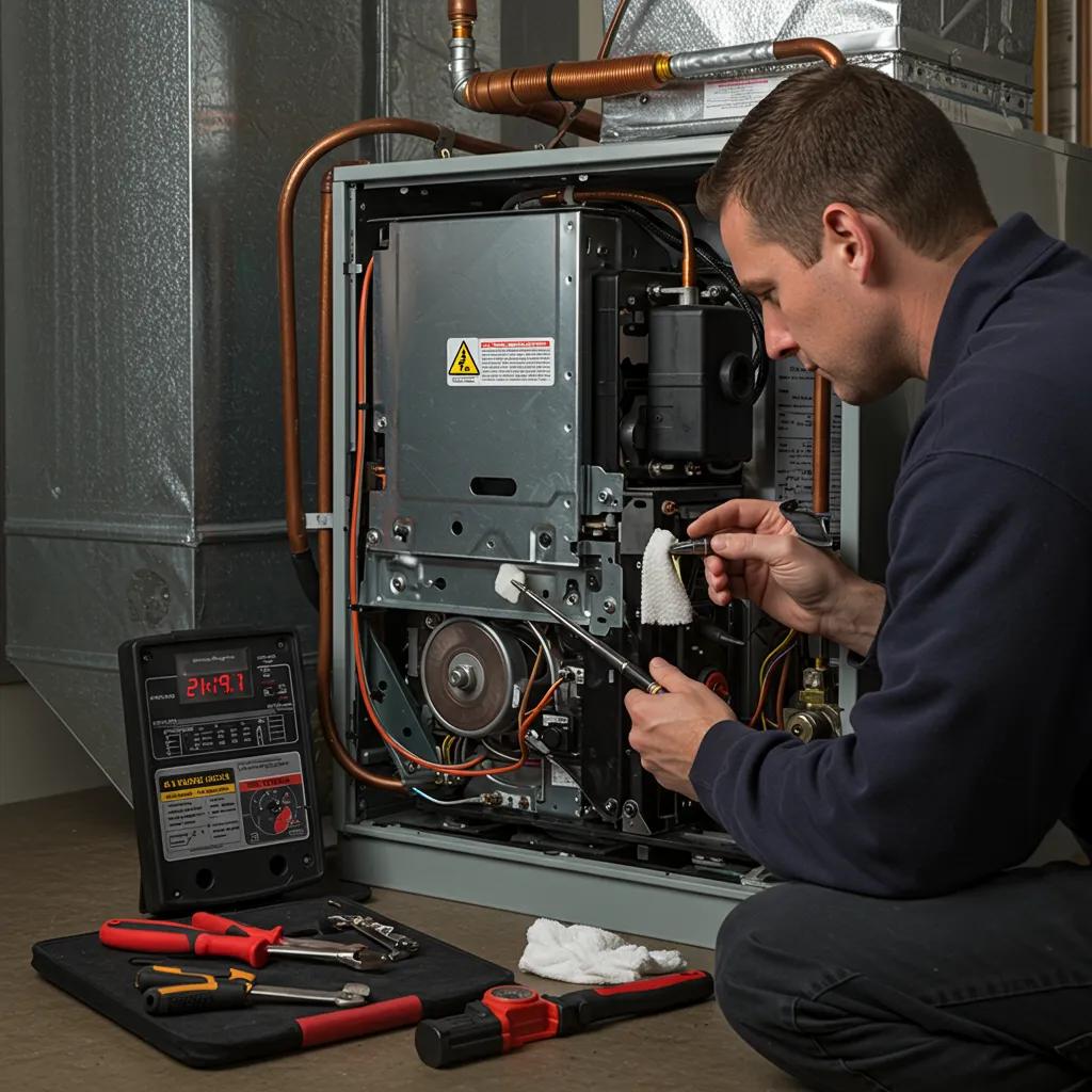 HVAC technician carefully inspecting and cleaning a furnace, demonstrating the key steps to enhance heating efficiency