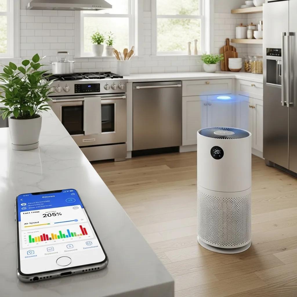 Smart air purifier in a modern kitchen, showcasing technology integration for air quality