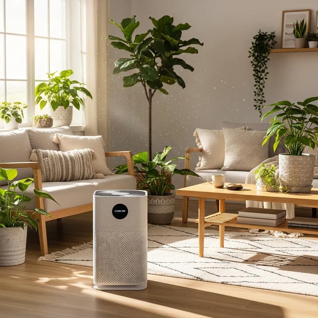 Modern air purifier in a bright living room, emphasizing clean indoor air quality
