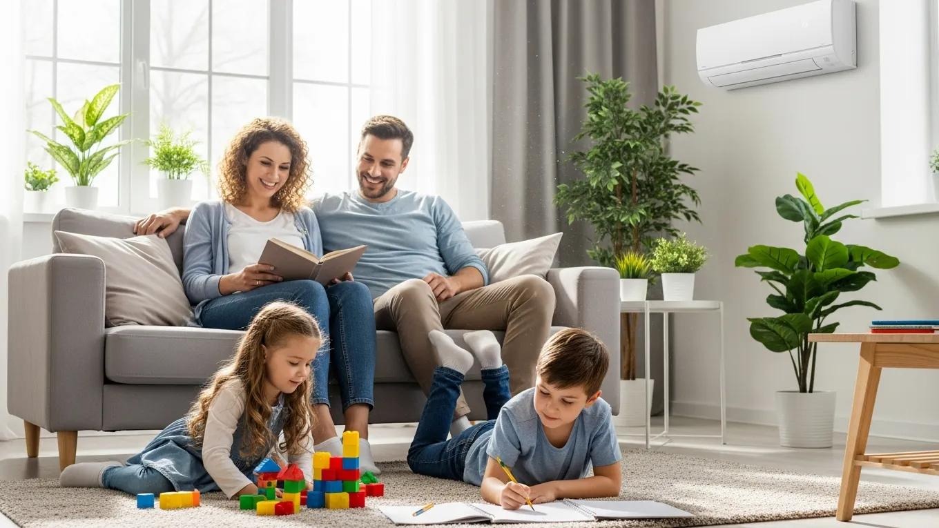 Family enjoying a comfortable living room with efficient air conditioning