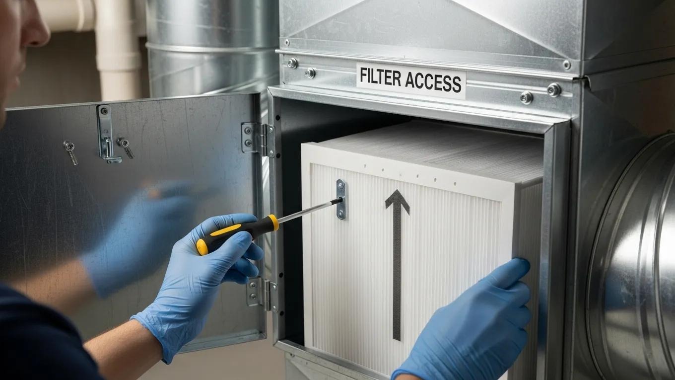 Person installing an AC filter in HVAC system, demonstrating proper installation techniques